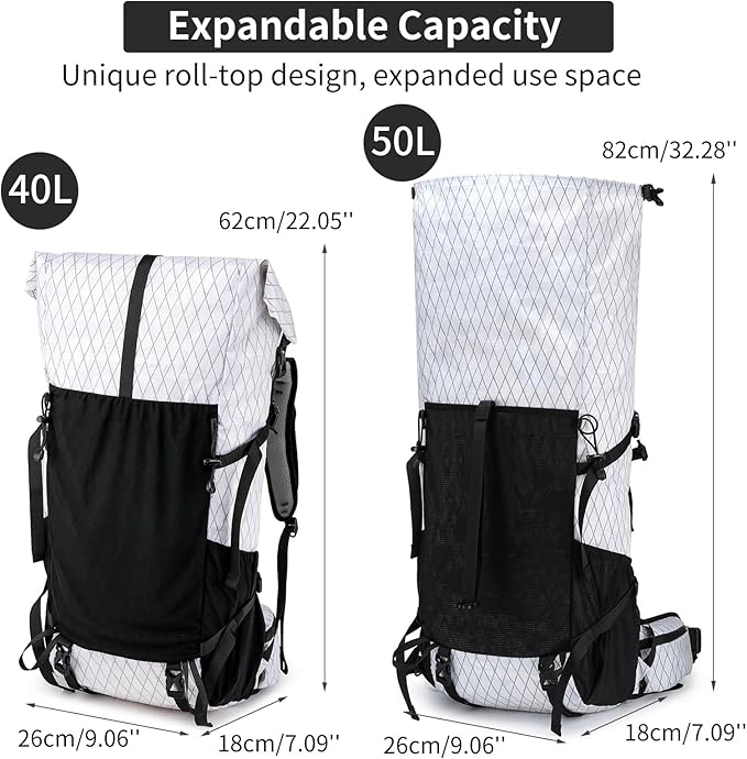 Hiking Backpack,40L to 50L Extra Large Capacity Hiking Bag,Internal Frame Camping Backpack,Upgraded X-PAC Lightweight Sport Daypack Travel Backpack Fit For Mountain Climbing Camping(White)