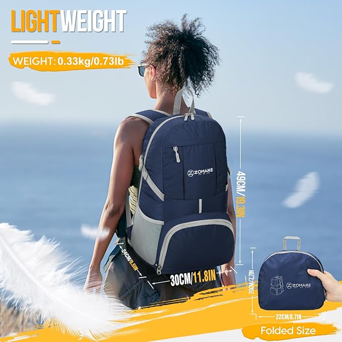 ZOMAKE Lightweight Packable Backpack 35L, Light Foldable Backpacks Water Resistant Collapsible Hiking Bag, Compact Folding Day Pack for Travel Camping(Navy Blue)