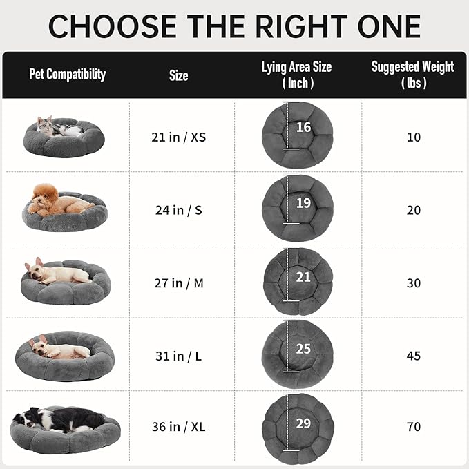 OhGeni 36 inches Calming Donut Orthopedic Dog & Cat Bed for Large Pets, Warming Comfort Fluffy Short Pile Fur, Durable Waterproof Machine Washable Removable Cover, Round Bed for Puppy, Dark Gray