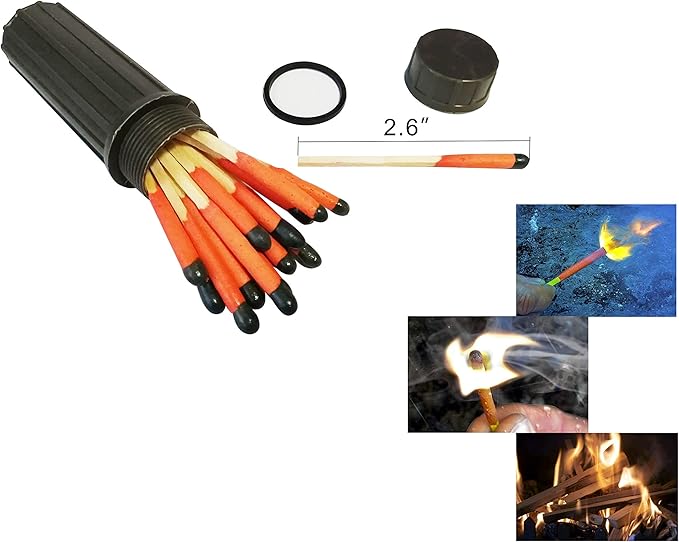 Survival Kit with Windproof Matches (2.6") in Waterproof Case – 2 Thermal Blankets, Fire Rope (1.2"x5.2"), Mini Knife, Wire Saw, 14-in-1 Tool – Bug Out Bag Gear for Camping, Emergency
