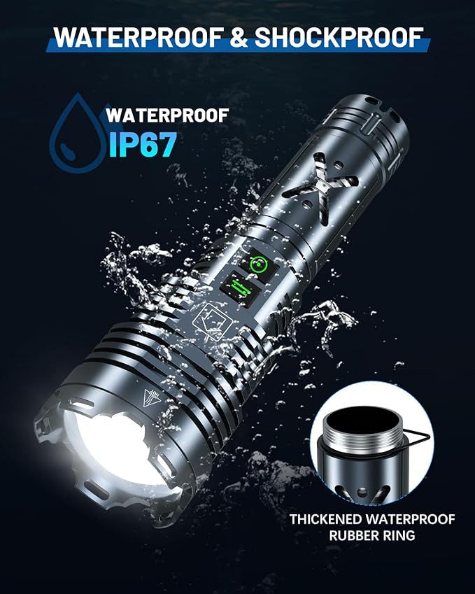 Super Bright 5500.000 High Lumens Flashlights Rechargeable, Powerful LED Flashlight 6 Mode, Zoomable Tactical Flashlights 5000mAh Long Life Battery, Anti-drop Wear-resistant for Home Emergency Camping