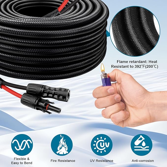 Solar Panel Extension Cable - 8AWG 15FT Solar Wire with Female & Male Waterproof Connector Flame Retardant Protective Sleeving PV Wire for RV, Photovoltaic Systems, Home, Boat, Solar Panels, Car