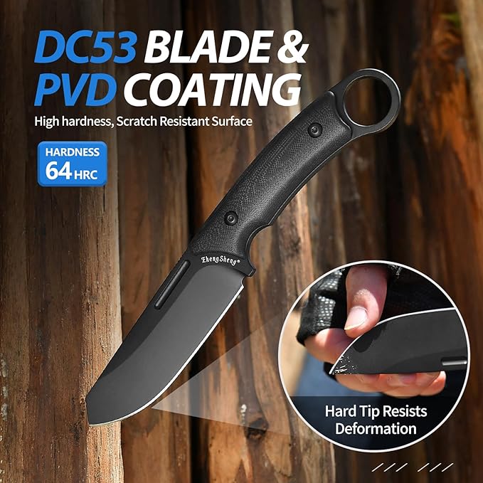 Fixed Blade Knife with Sheath, 4.0??DC53 Steel blade with Black Titanium Coating and G10 Handle Full Tang Outdoor Camping Hiking Survival Knives for Men Women