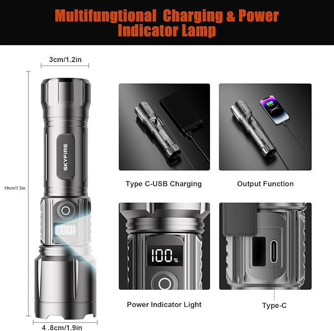 SKYFIRE Rechargeable Flashlights High Lumens with Ignition Lens,3000lm Super Bright Flashlight Zoomable 4 Modes Waterproof Powerful Tactical Torch Flash Light for Camping Essentials,Outdoor,Home&Gifts