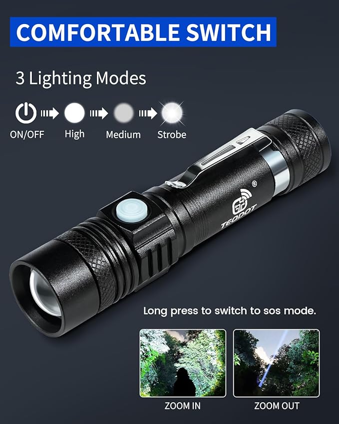 LED Flashlights USB Rechargeable Zoomable 1000-Lumen Super Bright Mini Flashlight Waterproof 3 Modes Small Pocket-Sized EDC Flash Light with Belt Clip for Camping Biking and Emergency Use