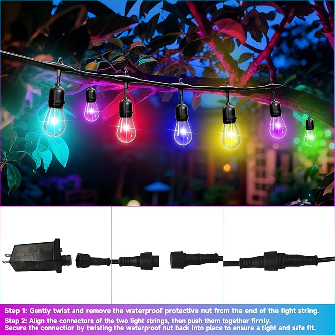 RGB Safety String Lights 150FT - Commercial Grade Low Voltage Strand with 60 S14 Shatterproof Bulbs for Tree Garden Yard bistro Cafe | RGB Party Lights & Outdoor Lights | IP65 Waterproof | UL Listed