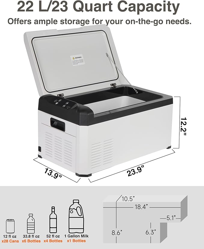 23QT(22L) Car Refrigerator Freezer Compressor Cooler, Portable 12V/24V for Camping, Road Trips, Truck, Vehicle, Car Fridge for Outdoor, Home Use with Quick Cooling - Efficient & Quiet(White)