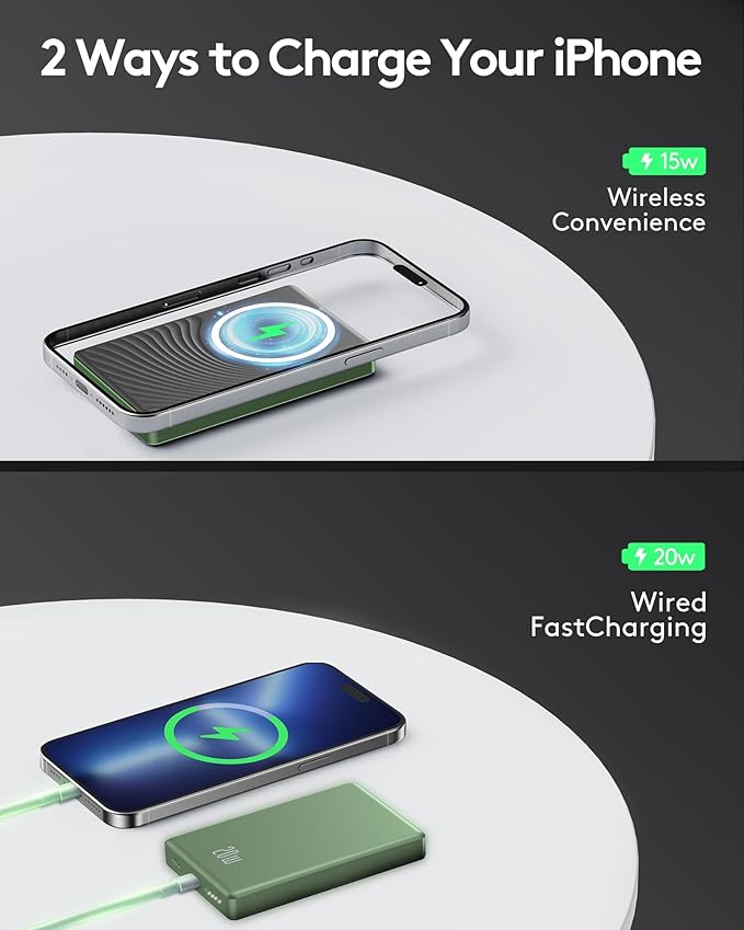 2025 for iPhone Magsafe Battery Pack, Ultra Slim Magnetic Power Bank Fast Charging, Wireless Portable Charger 10000mAh, 20W Powerbank Compatible with iPhone 16/15/14/13/12 Series, Matte Green