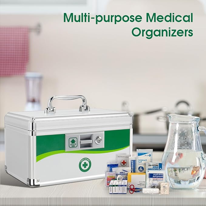 Medicine Lock Box, First Aid Safe Medication Storage Lockbox with Key, Aluminum Daily Medicine Lockable Box with Key 12 x 7.87 x 7.68 Inch (Medium)