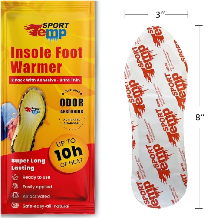 Insole Foot Warmers - Up to 10 Hours of Heat, Easily Apply with Adhesive - Ultra Thin, Easy, All Natural - Air Activated, Odorless Hot Insole Warmers - Sport Temp