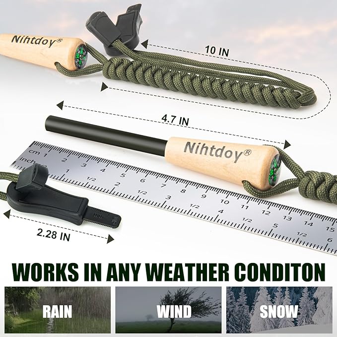 Ferro Rod Fire Starter – Carbon Steel Striker & Compass-Integrated Wooden Handle | Flint and Steel Survival Tool for Camping, Hiking, Emergency