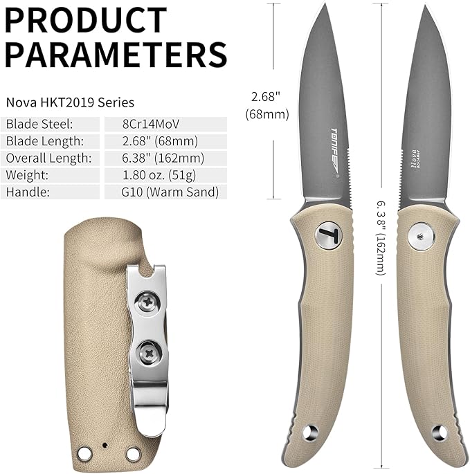 TONIFE Nova 2.68'' Blade Mini Neck Knife Full Tang Fixed Blade Knife with Kydex Sheath and Adjustable Paracord Lanyard for Camping Outdoor Survival Tool (Warm Sand+Gray Titanium)