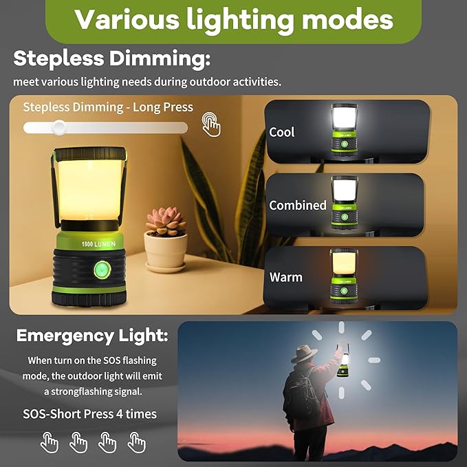 LED Camping Lantern Rechargeable Telescopic Camping Light,1800LM, 4400mAh IPX5 Waterproof Dimmable Tent Light, 4 Light Modes, Portable Flashlight for Power Outages, Emergency, Hurricane, Hiking
