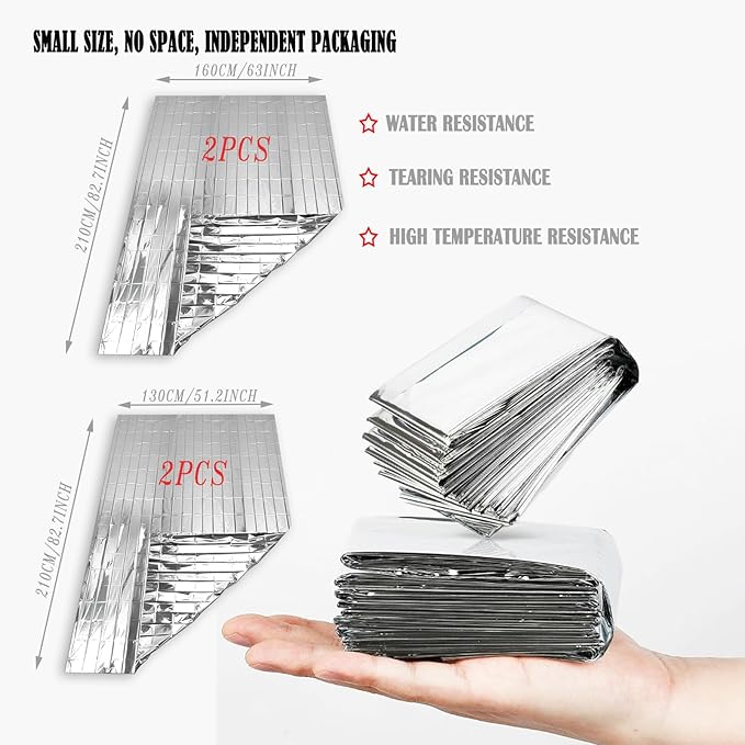 4-Pack Mylar Emergency Thermal Blankets - Waterproof Windproof Survival Gear for Camping, Hiking & Marathons - Retains 95% Body Heat, Tear-Resistant, Reusable Space Blanket (82.7"x63" & 82.7"x51.2")