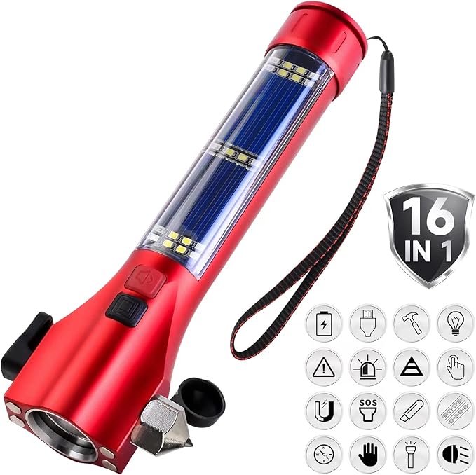Car Flashlights for Emergencies, Window Breaker Seatbelt Cutter Multifunction Solar Flashlights, Waterproof LED Flashlight Rechargeable Solar Powered Emergency Flashlight for Outdoor