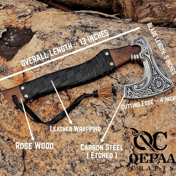 Qepaa Crafts®Russian Valknut Wood Viking Style Bearded Axe Tomahawk - Real Hatchet, Best Gift for Anniversary, Valentine's Day, Birthday,Leather Sheath with Leather Wrap Handle Perfect Hand Grip (SFL)