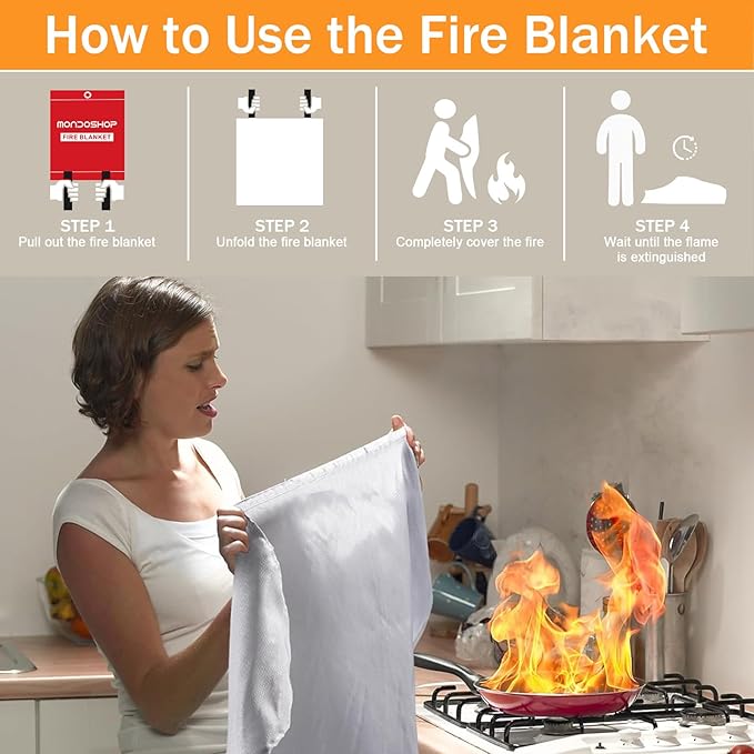 Mondoshop Fire Blanket for Home Kitchen Emergency - Fire Suppression Blankets Fireproof Blanket Fire Retardant Blankets for Car, Fireplace, Camping, Picnic, Grill