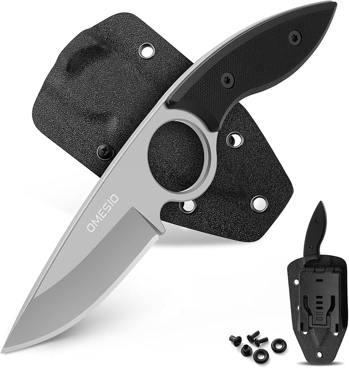 Omesio Small Fixed Blade Knife, Tactical Hunting Camping Survival Knife with Kydex Sheath, Full Tang Stainless Steel 2.68-Inch Drop Point Blade G10 Handle, EDC Neck Knife, White