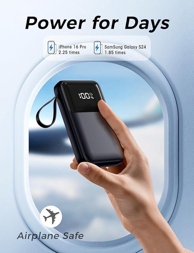 Power Bank, 15000mAh Portable Charger with Built in Cable, 22.5W Fast Charging, 6 Outputs, Slim Travel Essential Battery Pack with LED Display, Compatible with iPhone 17/16/15/14/13, Samsung, iPad