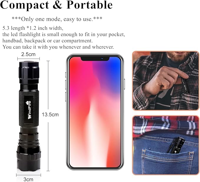 WINDFIRE 2 Pack LED Flashlight Single Mode, Super Bright Tactical Flashlights, Small Portable Water Resistant Handheld Flash Lights for Camping, Hiking, Emergency