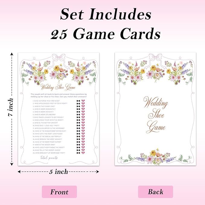 Wedding Shoe Game Bridal Shower Games, Wildflowers Pink Bow Games Card for Wedding Reception, Bridal Shower, Engagement, Bachelorette Party Activity Decorations (25 Pack) -A06