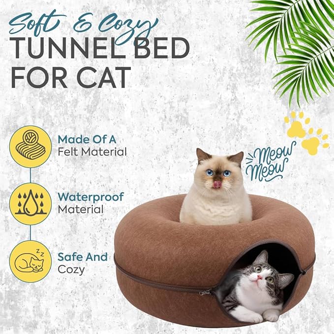 Laluz 2021 Large Cat Tunnel Bed for Indoor Cats Up to 30 Lbs Peekaboo Donut Cave with Catnip and Plush Toys Scratch Resistant Felt Design Detachable and Washable Cat Tunnel (Chocolate, L)