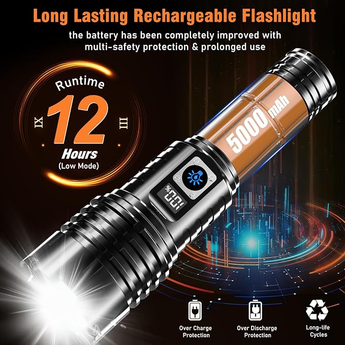 Flashlight 2000 High Lumens Rechargeable - LED Flash Light with LCD Display XHM77.2 Super Bright Police Powerful Linterna | 5 Modes & Adjustable Focus | IP67 Waterproof for Emergency Camping