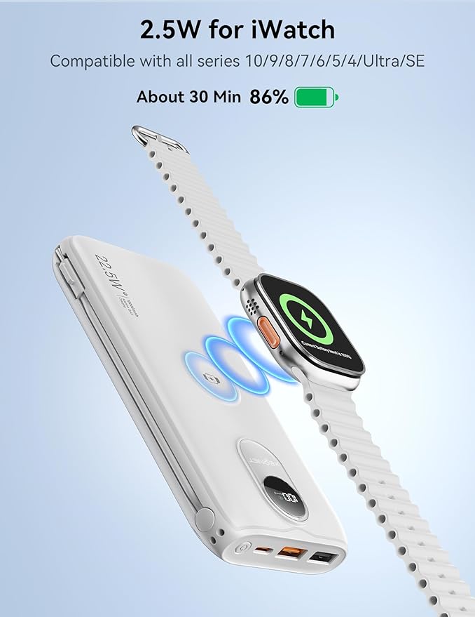 Portable Charger, 10000mAh 22.5W USB C Power Bank Built in Cables, AC Wall Plug and Led Display, External Battery Pack Fast Charging, Travel Essentials for iPhone, Android Cell Phone, Tablet, iWatch