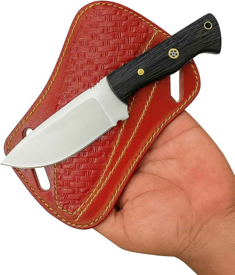 Custom Handmade Hunting Wengi Wood Knife with Leather Sheath - Ideal for Skinning, Outdoor Camping, Hiking - EDC Fixed Blade Bushcraft Knives with Walnut Wood Handle. (Maroon Wengi Knife)