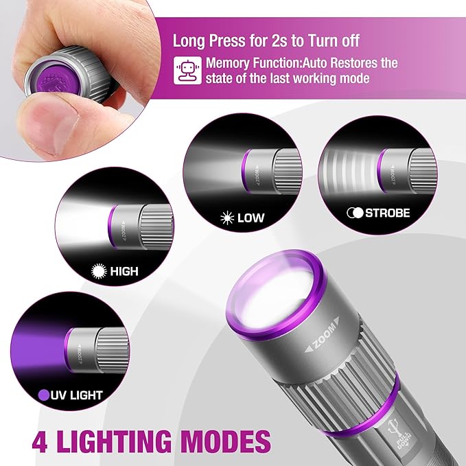 EverBrite Rechargeable Pen Flashlight with UV Light and White Light, 395nm Black Flashlight with Clip, Zoomable 4 Modes with Memory, USB C Cable, for Camping, Emergency, Pet Urine Detection,Grey