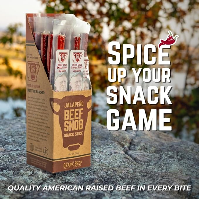 Beef Snob Snack Sticks - Jalapeño Flavor - 1 Ounce Snack - 20 Meat Sticks Per Box - High Protein Snack, Sugar Free Snack, Keto Friendly, Gluten Free Jerky Sticks