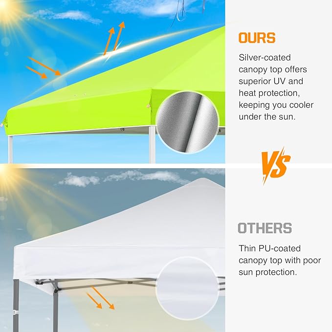 EAGLE PEAK Pop Up Canopy Tent with Wheeled Carry Bag, 8 Stakes, 4 Ropes, 4 Weight Bags, Easy Set Up Tent Canopy, 10x10 ft, 100sqft of Shade, Neon Green