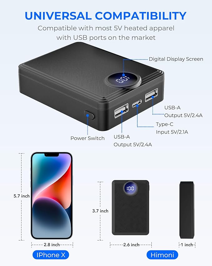 ?Ÿ±?—© ?Ÿ?Ÿ®?Ÿ¬?Ÿ¬?Ÿ¬?—º?—”?—µ Heated Vest Battery Pack, Rechargeable Power Bank with LED Display, Type-C Input, and Dual USB-A Output for Heated Apparel, Vest, Seat, Blanket and Jacket up to 10H