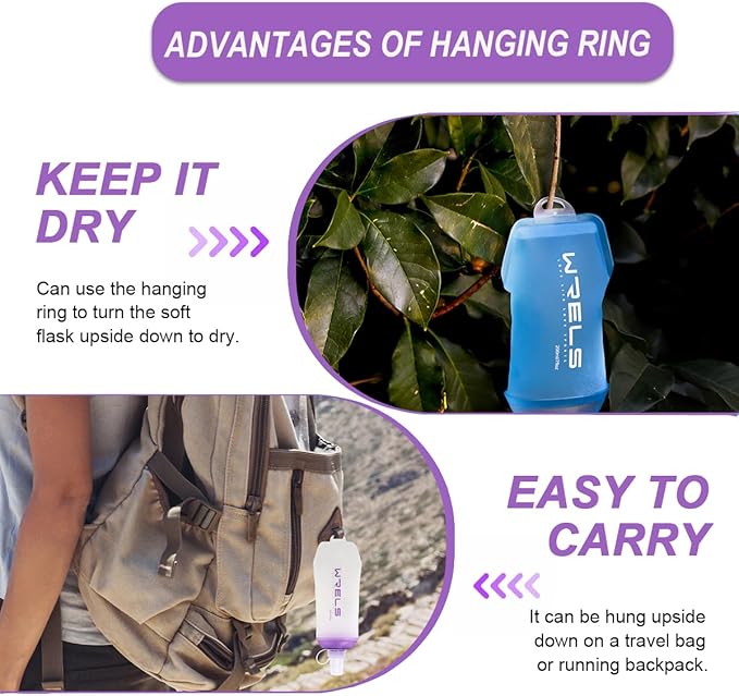 200ml/350ml/500ml Collapsible Soft Flask,BPA Free Folding Soft Water Bottle with Hanging Ring,Lightweight TPU Hydration Flask for Running Marathon Cycling Hiking