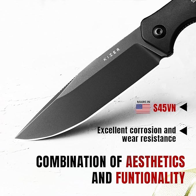 Kizer Militaw Fixed Blade Knife with Sheath, S35VN Blade Camping Knife with Aluminium+Fat Carbon Handle, Fixed Blade EDC Knives for Men Women Gift, Outdoor Hunting Hiking Survival Knives 1067A1