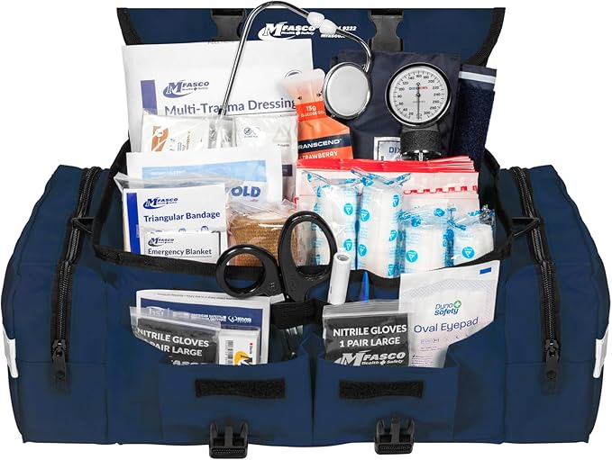 MFASCO First Aid Kit - Fully Stocked Portable Reflective Bag -First Responder Emergency Response Kit-for Natural Disaster Preparedness-Customizable Storage-Includes 415 Pcs First Aid Supplies- Blue