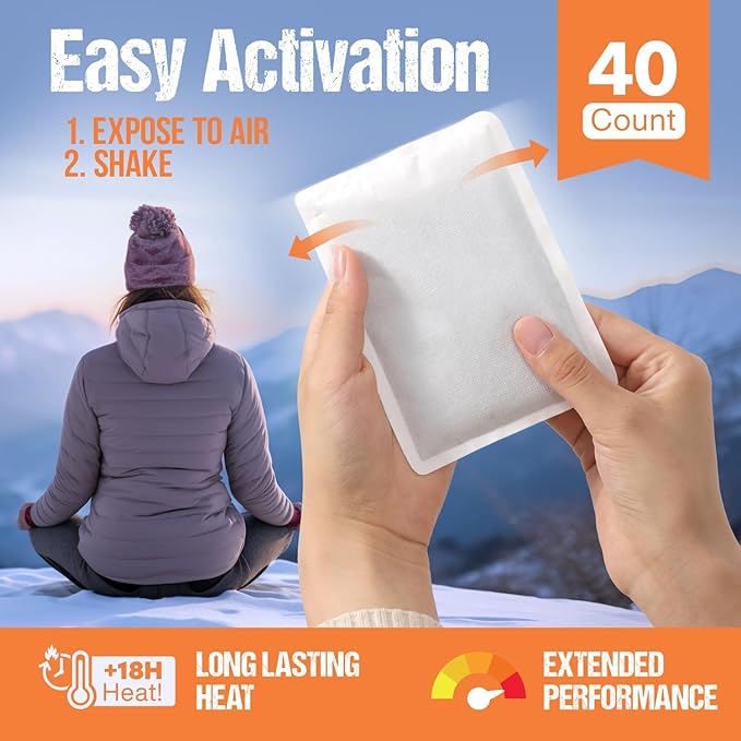 Natural Large Hand & Body Warmers 40 Count - Air Activated 18 Hours of Consistent Natural Heat Handwarmers Bulk - Disposable Quick & Easy Activation | Portable Odor-Free Warmth for Hands 40 Pack
