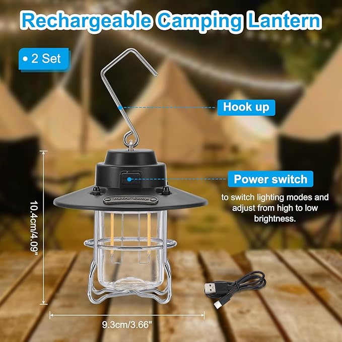 PATIKIL LED Camping Lantern, 2 Pack Vintage Rechargeable Lantern 3 Light Modes Portable Hanging Outdoor Tent Light for Camping, Hiking, Fishing, Black 3.66 Inch