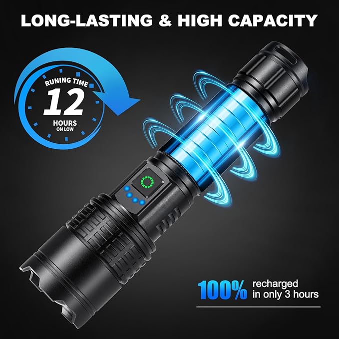 Rechargeable Led Flashlight High Lumens - 99,000lm Bright Powerful Flash Light with 5 Modes, Waterproof Handheld Linterna for Home, Camping(3 Packs)