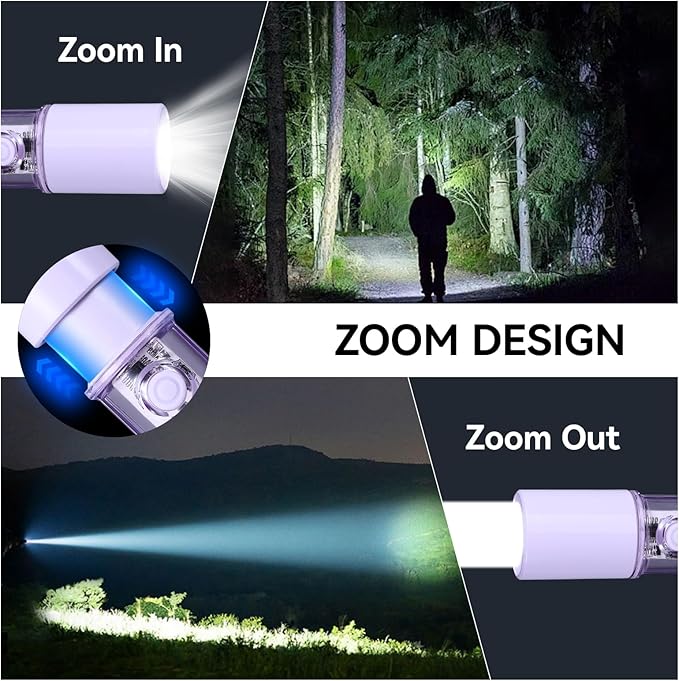 VAVOFO Purple LED EDC Flashlight - USB-C Rechargeable, Waterproof, Zoom Focus, 3 Modes, Red & Blue Emergency Strobe - Best for Outdoor, Tactical, and Survival Use