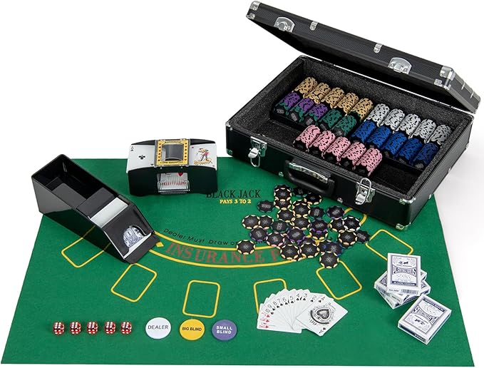 Goplus Poker Chip Set, 600 PCS 14 Gram Clay Poker Chips w/Case, Automatic Card Shuffler, 6 Decks Cards, 5 Dices, Card Shoe, 3 Dealer Buttons, Poker Felt, Texas Holdem, Blackjack, Casino (600 PCS)