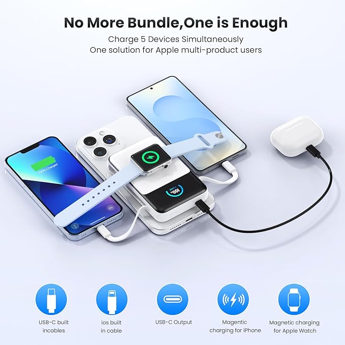 Magnetic Portable Charger 10800mAh with Built-in Cables,5-in-1 Qi2 Certified 15W Wireless Power Bank with iWatch Charger,30W PD Fast Charging USB-C Battery Pack for iPhone 17/16/15/14/13/12-White