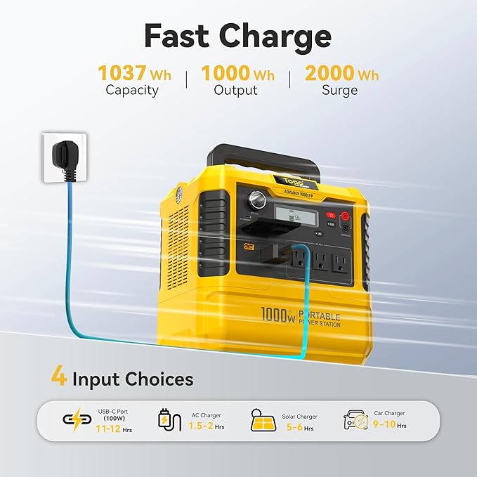 Togo POWER A1000LFP Portable Power Station 1037Wh,Solar Generator with 1000W AC Outlets(Peak 2000W),1.5H Fast Charging Backup Power Bank LiFePO4 Battery Supply for Outdoor, Emergency,Camping,Home Use