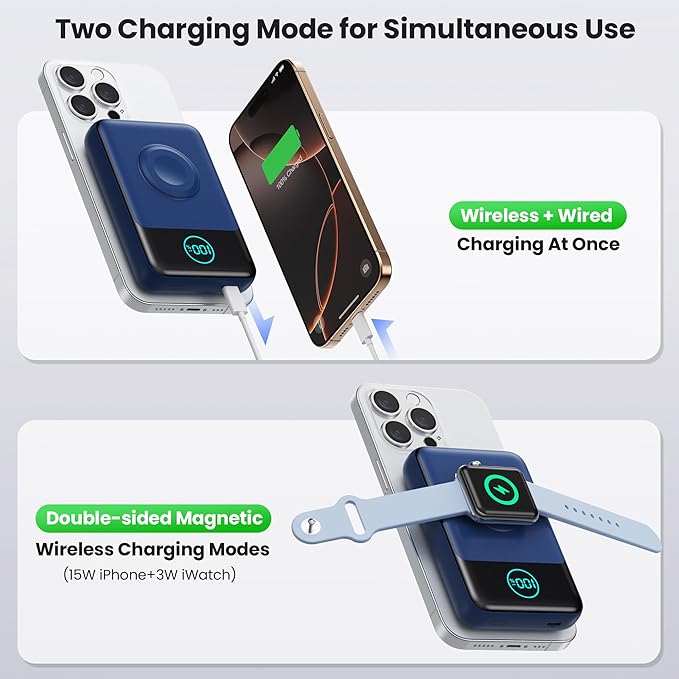 Magnetic Portable Charger for iPhone, 3-in-1 10800mAh Qi2 15W Wireless Power Bank with iWatch Charger,30W PD Fast Charging USB-C LCD Display Battery Pack for Magsafe,iPhone 17/16/15/14/13, Apple Watch