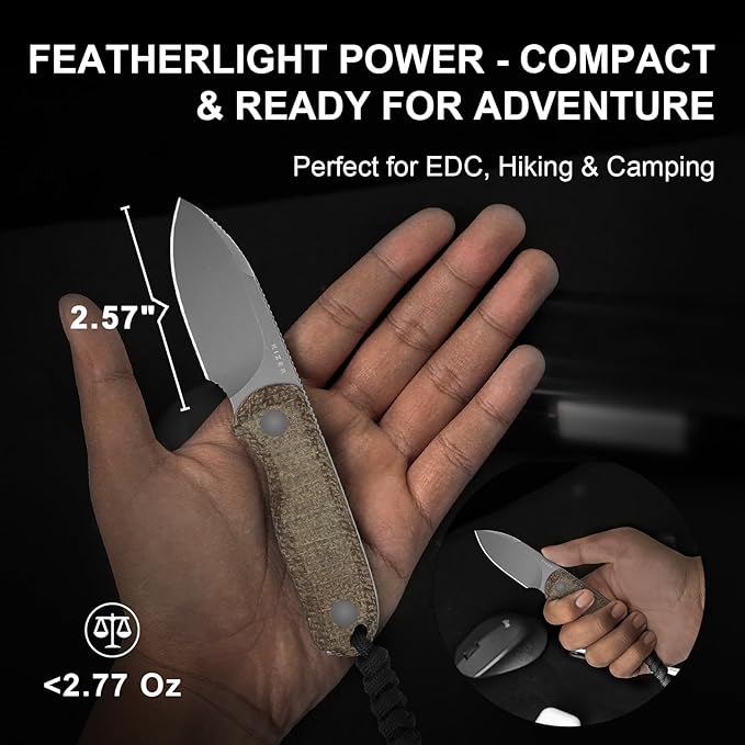 Kizer Drop Bear Fixed Blade Knife, 2.57" Gray Stonewash 14C28N Blade EDC Camping Knife with Brown Burlap Micarta Handle & Hidden Tools, Full Tang Hunting Knives with Adjustable Kydex Sheath, 1094A1