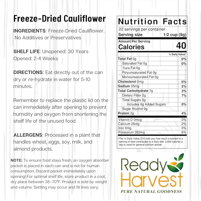 Ready Harvest Freeze Dried Food - Cauliflower | Emergency Food | Camping & Storage | #10 Can | 25-Year Shelf Life | Cans Filled to the Top