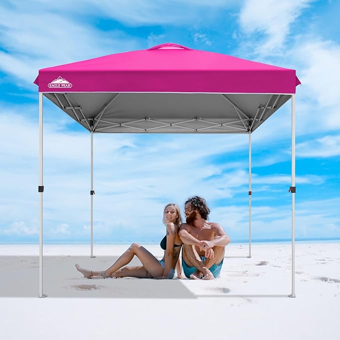 EAGLE PEAK Pop Up Canopy Tent with Wheeled Carry Bag, 8 Stakes, 4 Ropes, Easy Set Up Tent Canopy, 8x8 ft, Pink