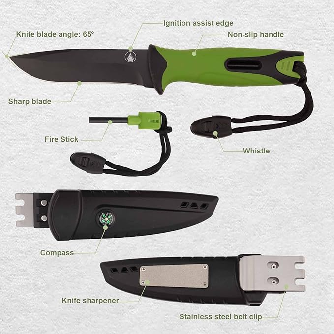 Fixed blade hunting knife-Stainless Steel Blade,Fixed blade knife with sheath, Fire Starter, Sharpener, Whistle and Compass,Survival Tactical Knife for Hunting,Fishing,Camping and Bushcraft