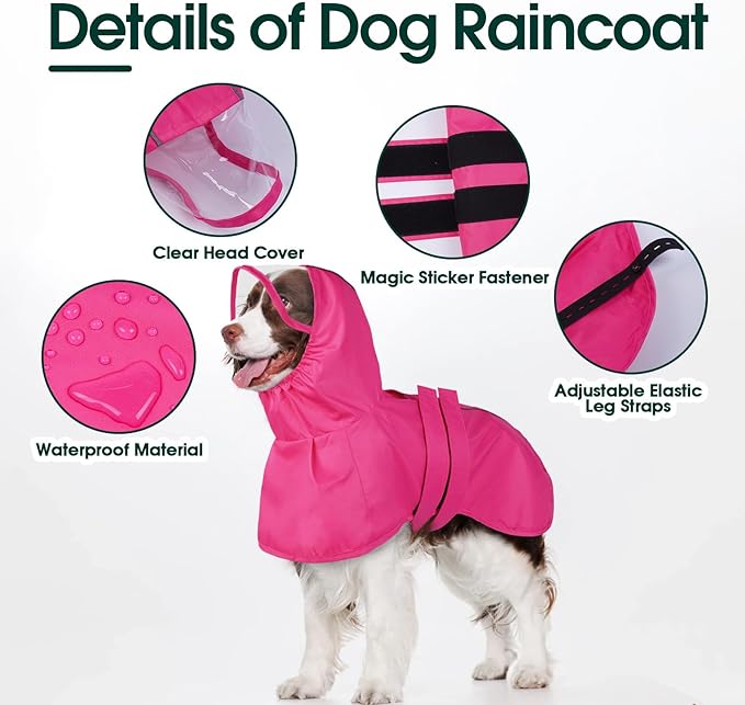 Kuoser Dog Raincoat, Waterproof Dog Jacket with Hood, Reflective Pet Rain Coat for Small Medium Large Dogs, Adjustable Lightweight Puppy Rain Gear for Outdoor Protection & Night Walks