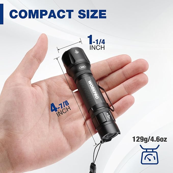 WORKPRO 1200LM Rechargeable Tactical Flashlight, EDC Mini Flashlight, Pocket Flashlight with Clip & Lanyard, 7 Light Modes, Zoomable Adjustable Focus, Includes Lithium Battery & Alkaline Battery